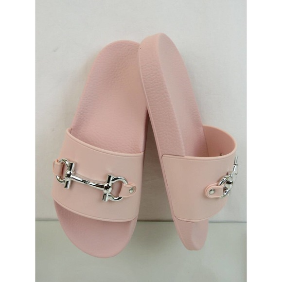 NIB FERRAGAMO GROOVY 11 PINK RUBBER SILVER GANCINI BIT LOGO SANDALS SLIDES 8 M - Picture 6 of 13